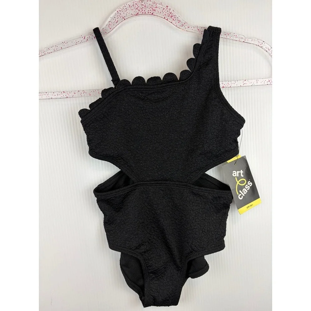 Art Class Girls XS 4/5 Black Swimsuit Scalloped Cutout One Piece Boho Chic Retro